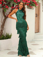 Vestido Longo Gola Halter Com Franjas E Paetês