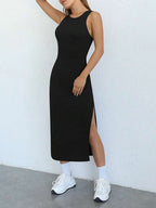 Vestido Midi Regata Ajustado Com Fenda Estilo Minimalista