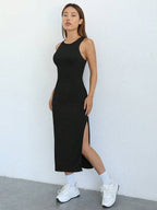 Vestido Midi Regata Ajustado Com Fenda Estilo Minimalista