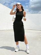 Vestido Midi Regata Ajustado Com Fenda E Amarração
