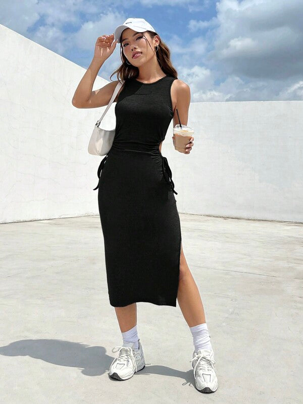 Vestido Midi Regata Ajustado Com Fenda E Amarração