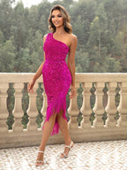 Vestido Midi Ombro Único Com Paetês E Franjas