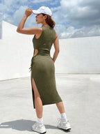 Vestido Midi Regata Ajustado Com Fenda E Amarração