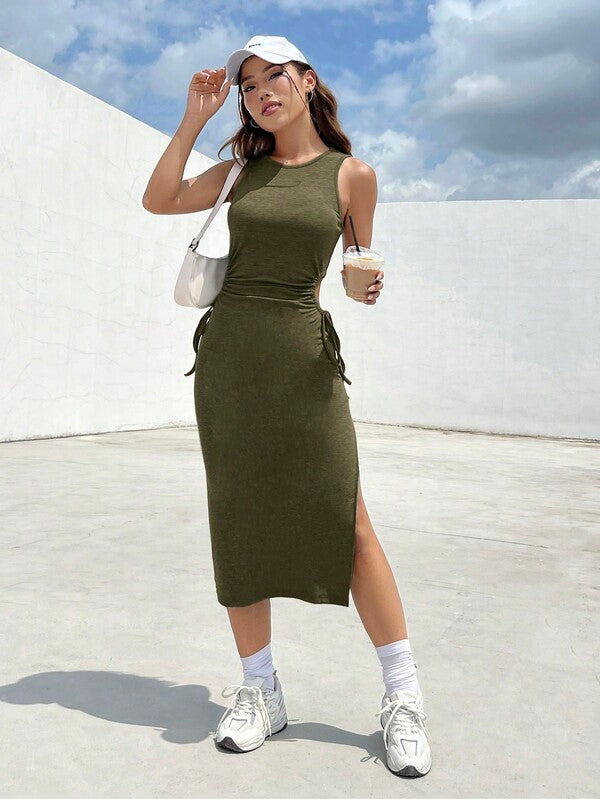 Vestido Midi Regata Ajustado Com Fenda E Amarração