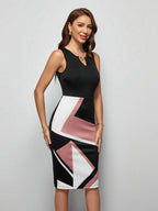 Vestido Midi Ajustado Com Estampa Geométrica Moderna