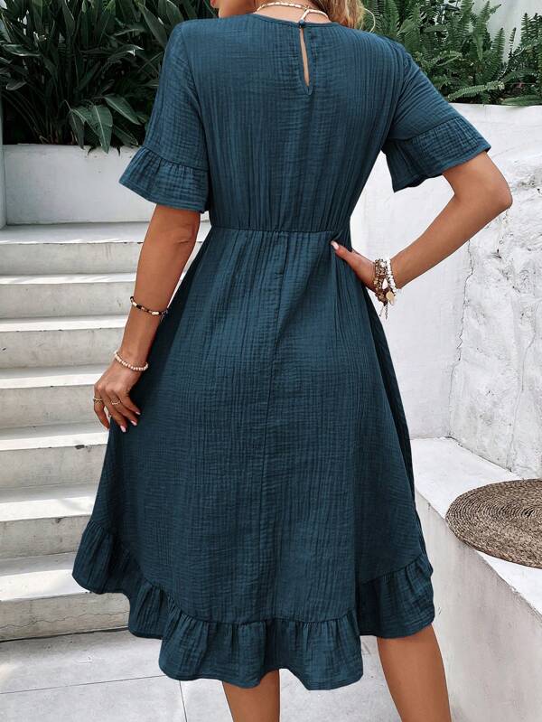 Vestido Midi Evasê Com Babados Estilo Romântico Casual