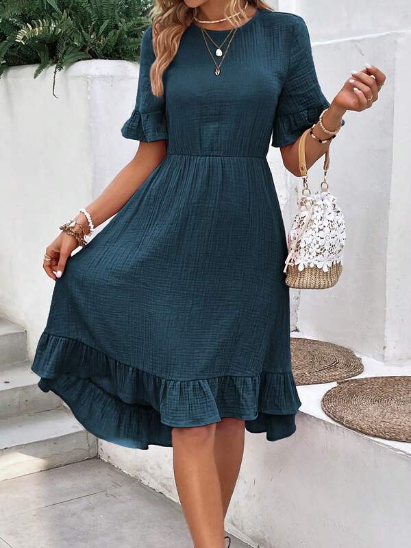 Vestido Midi Evasê Com Babados Estilo Romântico Casual