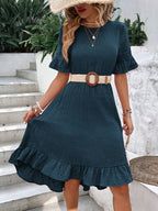 Vestido Midi Evasê Com Babados Estilo Romântico Casual