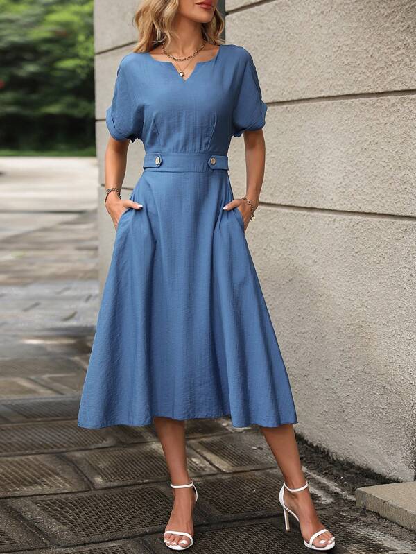 Vestido Midi Evasê Acinturado Com Botões Estilo Casual
