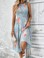 Vestido Midi Com Lastex Estampa Floral Estilo Romântico