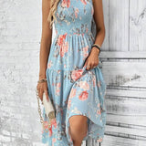 Vestido Midi Com Lastex Estampa Floral Estilo Romântico