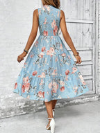 Vestido Midi Com Lastex Estampa Floral Estilo Romântico