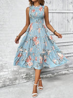 Vestido Midi Com Lastex Estampa Floral Estilo Romântico