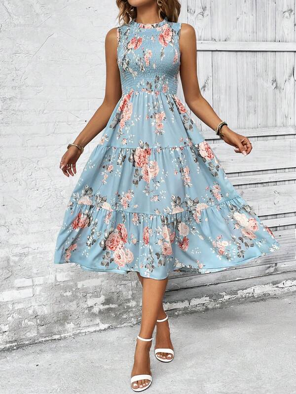 Vestido Midi Com Lastex Estampa Floral Estilo Romântico