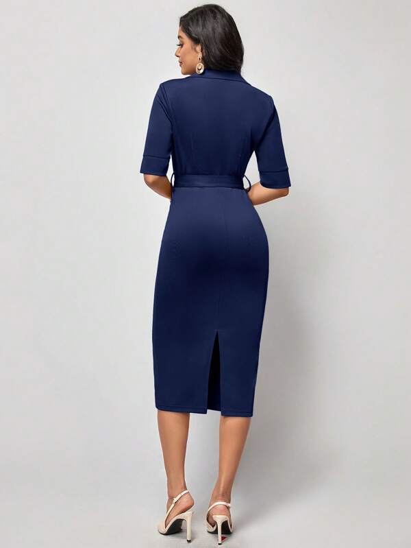 Vestido Midi Com Decote V E Cinto Estilo Clássico