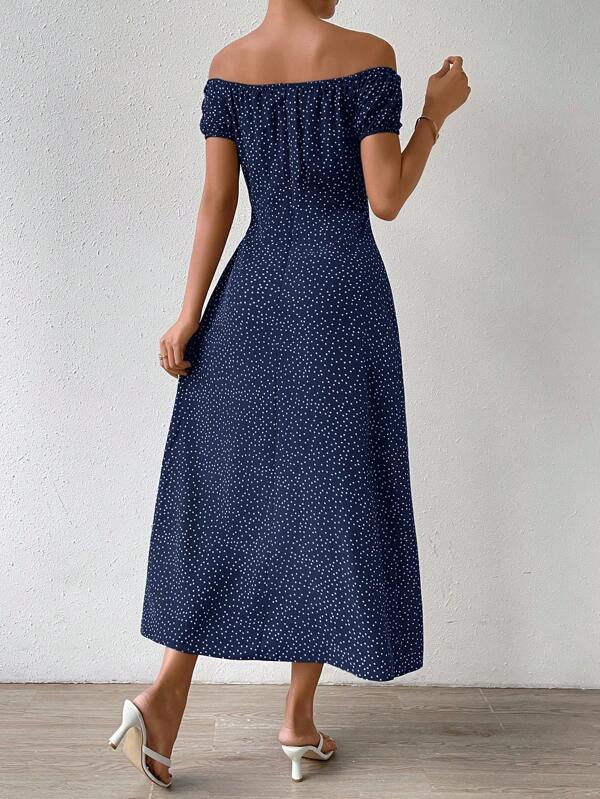 Vestido Longo Ombro A Ombro Com Fenda E Estampa Poá