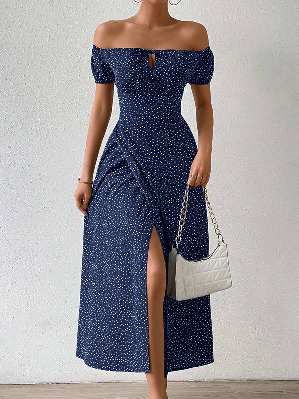 Vestido Longo Ombro A Ombro Com Fenda E Estampa Poá