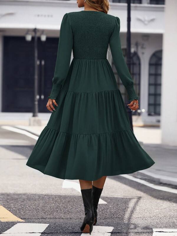 Vestido Midi Manga Longa Com Lastex Estilo Romântico