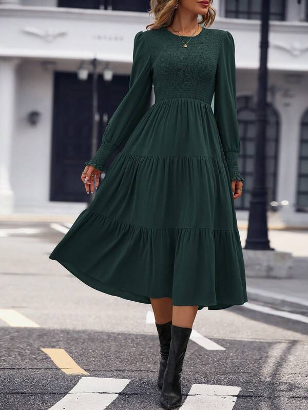 Vestido Midi Com Lastex Acinturado Manga Longa Casual Boho