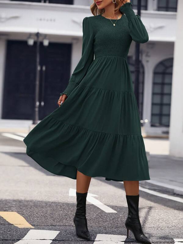 Vestido Midi Com Lastex Acinturado Manga Longa Casual Boho