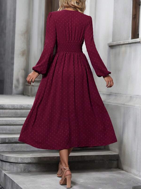 Vestido Midi Transpassado Acinturado Manga Longa Estilo Romântico