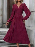 Vestido Midi Transpassado Acinturado Manga Longa Estilo Romântico