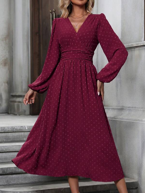 Vestido Midi Transpassado Acinturado Manga Longa Estilo Romântico