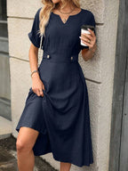 Vestido Midi Evasê Acinturado Com Botões Estilo Casual