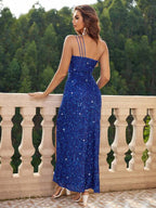Vestido Longo Ombro Único Com Paetês E Fenda