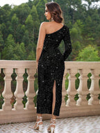 Vestido Longo Com Ombro Único E Manga Longa