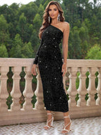 Vestido Longo Com Ombro Único E Manga Longa