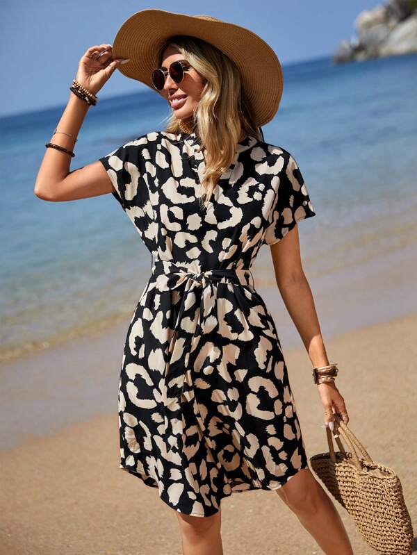 Vestido Midi Acinturado Com Faixa E Estampa Animal Boho