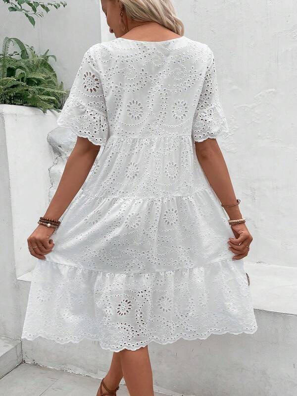 Vestido Midi Em Laise Com Recortes Estilo Romântico