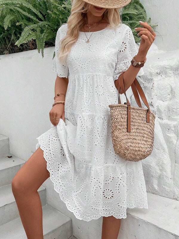 Vestido Midi Em Laise Com Recortes Estilo Romântico