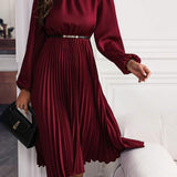 Vestido Midi Plissado Com Manga Longa E Cintura Marcada