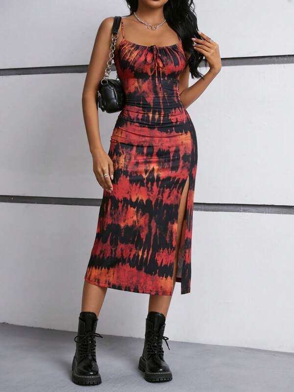 Vestido Midi Alças Finas Ajustado Com Fenda Estampa Tie Dye