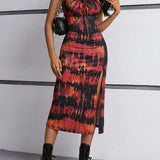 Vestido Midi Alças Finas Ajustado Com Fenda Estampa Tie Dye