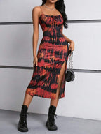 Vestido Midi Alças Finas Ajustado Com Fenda Estampa Tie Dye
