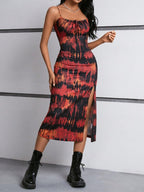 Vestido Midi Alças Finas Ajustado Com Fenda Estampa Tie Dye