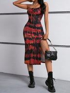 Vestido Midi Alças Finas Ajustado Com Fenda Estampa Tie Dye