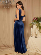 Vestido Longo Ombro A Ombro Com Veludo E Fenda