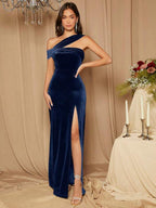 Vestido Longo Ombro A Ombro Com Veludo E Fenda