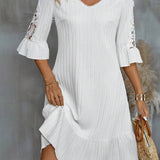 Vestido Midi Canelado Decote V Com Renda Estilo Romântico