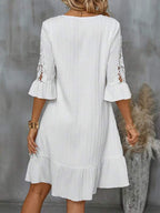 Vestido Midi Canelado Decote V Com Renda Estilo Romântico