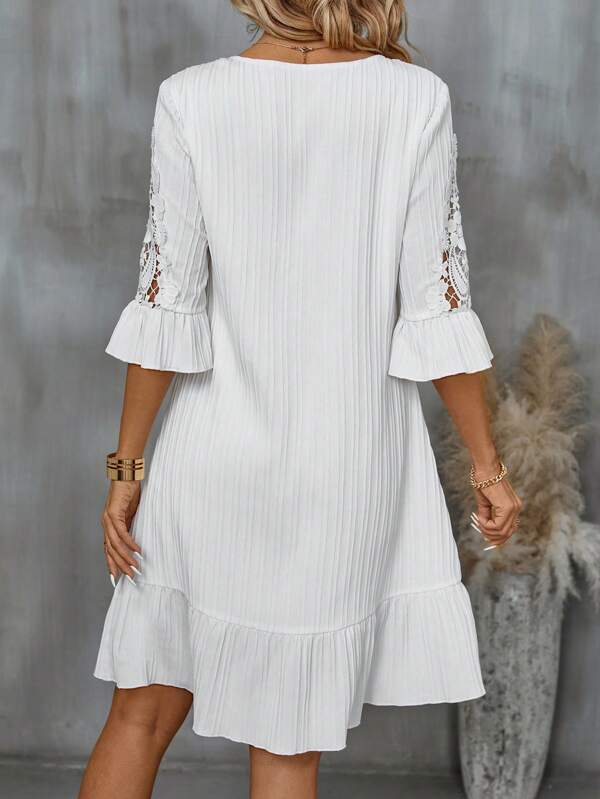Vestido Midi Canelado Decote V Com Renda Estilo Romântico