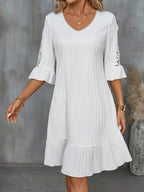 Vestido Midi Canelado Decote V Com Renda Estilo Romântico