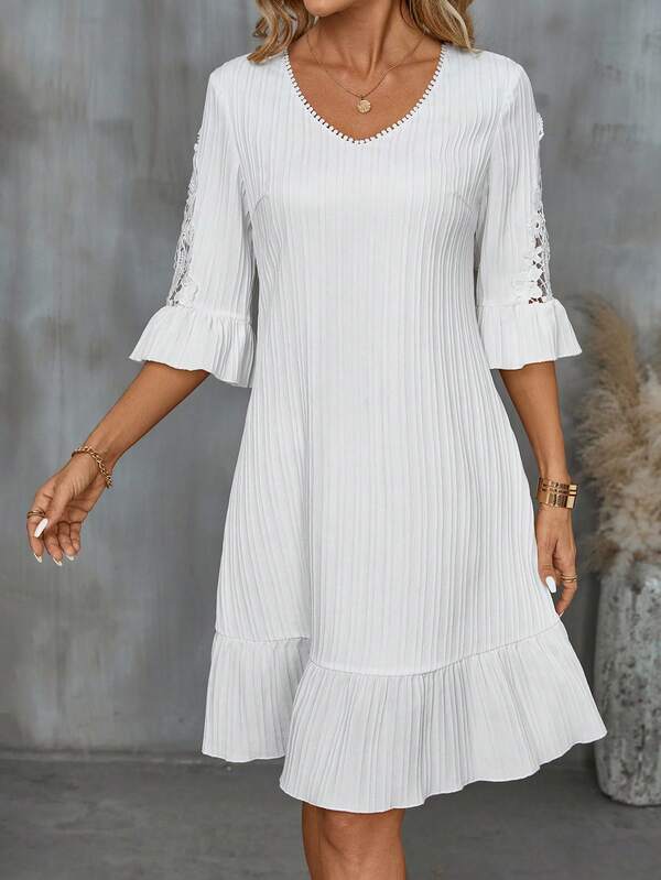 Vestido Midi Canelado Decote V Com Renda Estilo Romântico