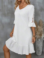 Vestido Midi Canelado Decote V Com Renda Estilo Romântico