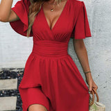 Vestido Curto Transpassado Acinturado Com Mangas Fluidas