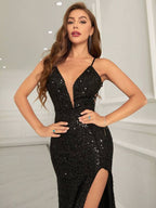 Vestido Longo Sereia Com Paetês E Decote Profundo
